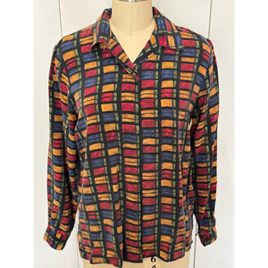 Women's Quo-Silk Button Down Shirt petite Size 6 Black Multi-color print